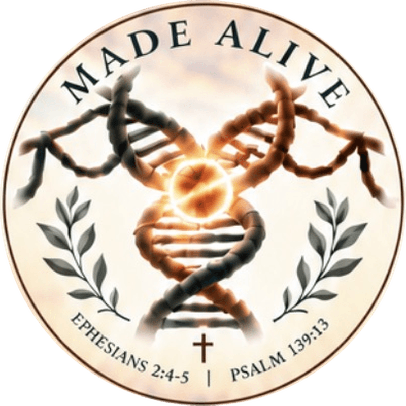 Made Alive logo — a double helix meeting at a point of light, framed by olive branches, with Ephesians 2:4-5 and Psalm 139:13